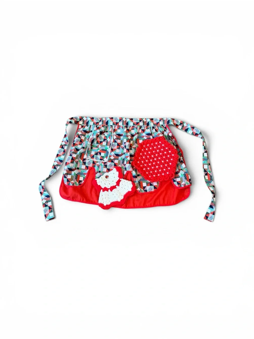 Vintage Patchwork Reversible Multi-Color Retro Apron with Crochet Potholders